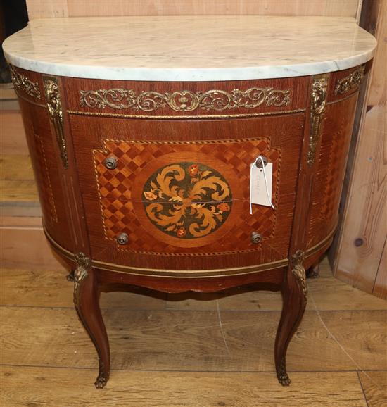 A Louis XVI style marquetry inlaid marble top bow front side cabinet W.70cm